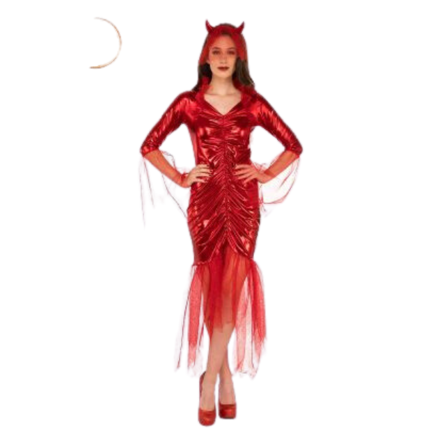Bring out your evil side as you summon the Spirits and honour your Leader, Satan. This Halloween, why not rattle the chains of hell and befriend the wicked devils and demons who have gone before you. Be doomed to the red, hot underworld in this scary ensemble! INCLUDES Long red shiny dress in mermaid style with pinched material from top to bottom Dress features sheer red sleeves from elbow down and matching hemline Veil has attached forma filled re devil horns on a headband Shoes not included