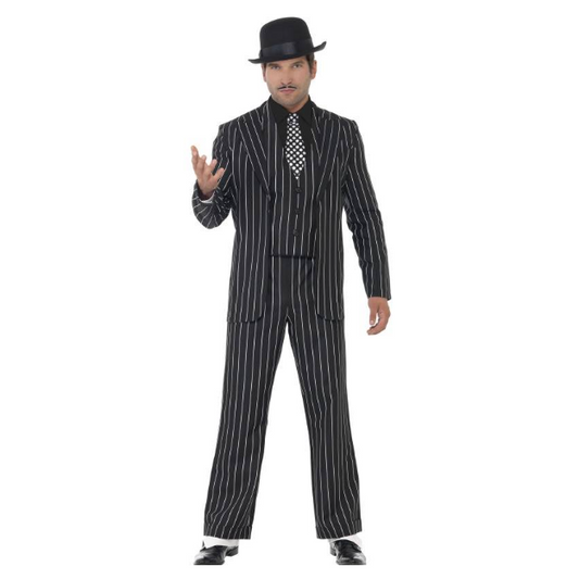 Rolleston costumes and Event Hire Vintage Gangster Suit Costume   Included in the hire price:  Trousers Shirt Jacket Waistcoat Tie Hat Shoes or Spats (choose in store) Optional Accessories to Purchase to complete the look.  Inflatable Tommy Gun  Fake cigar  Moustache  