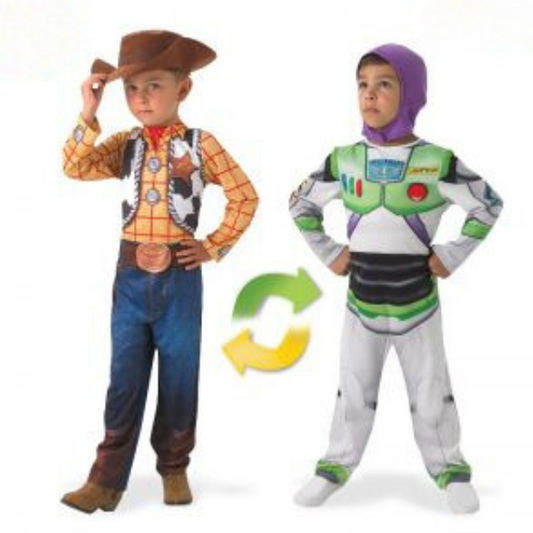Buzz Lightyear Woody Reversible childs costumeJoin Andy's toy box fun with these two loveable characters from Disney Pixar's movie Toy Story. And now you don't have to choose who you want to be - this amazing reversible costume can see you dressing up as Buzz Lightyear today - turn it inside out - and become Woody the wild comboy tomorrow!