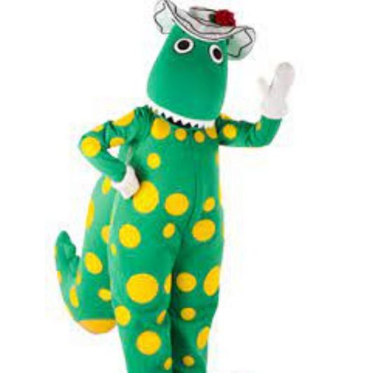 Dorothy The Dinosaur from the Dorothy the Dinosaur is a friendly green dinosaur. Her skin has big yellow spots and she wears white pleather gloves and a white floppy pleather hat. She is 5 dinosaur years old. She loves roses and especially loves to make rosy tea. Dorothy is very wise for her age and is always kind and generous with friends and people she meets. As a graduate of the Royal Academy of Dinosaur Dancing, she loves all types of dancing and her favourite type of dance is ballet!