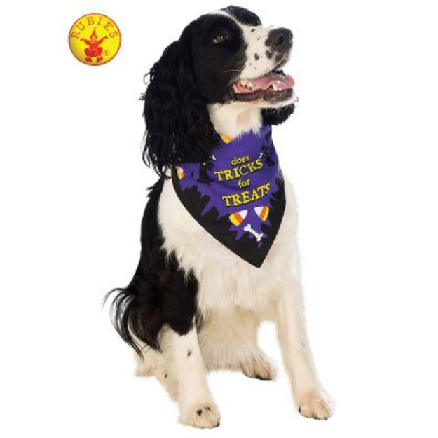Pet Bandana Does Tricks for Treats Digitally printed pet bandana with words "Does Tricks For Treats" Bandana ties to secure around pup's neck Perfect for trick or treating with your pet pooch at Halloween