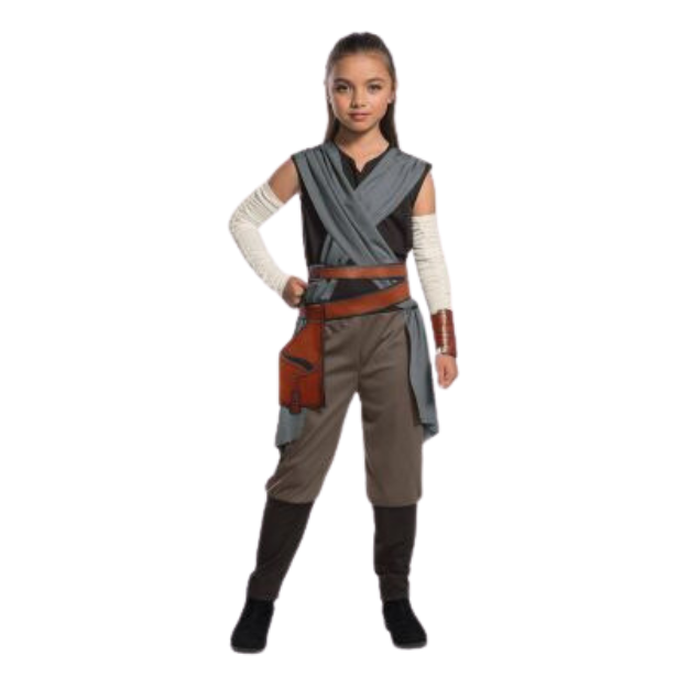 Rey Childs Costume to buyAre you stubborn, headstrong, brave, optimistic and fiercely loyal to your friends? Then you could be Rey, the Jedi heroine and protagonist in Disney's films Star Wars: The Force Awakens (2015) and The Last Jedi (2017). Played by Daisy Ridley, Rey starts out as a scavenger on the planet Jakku but with the help of friends BB-8, Finn and Poe, she becomes the ultimate Jedi, who wields her lightsaber and uses The Force to help save the galaxy from the First Order.